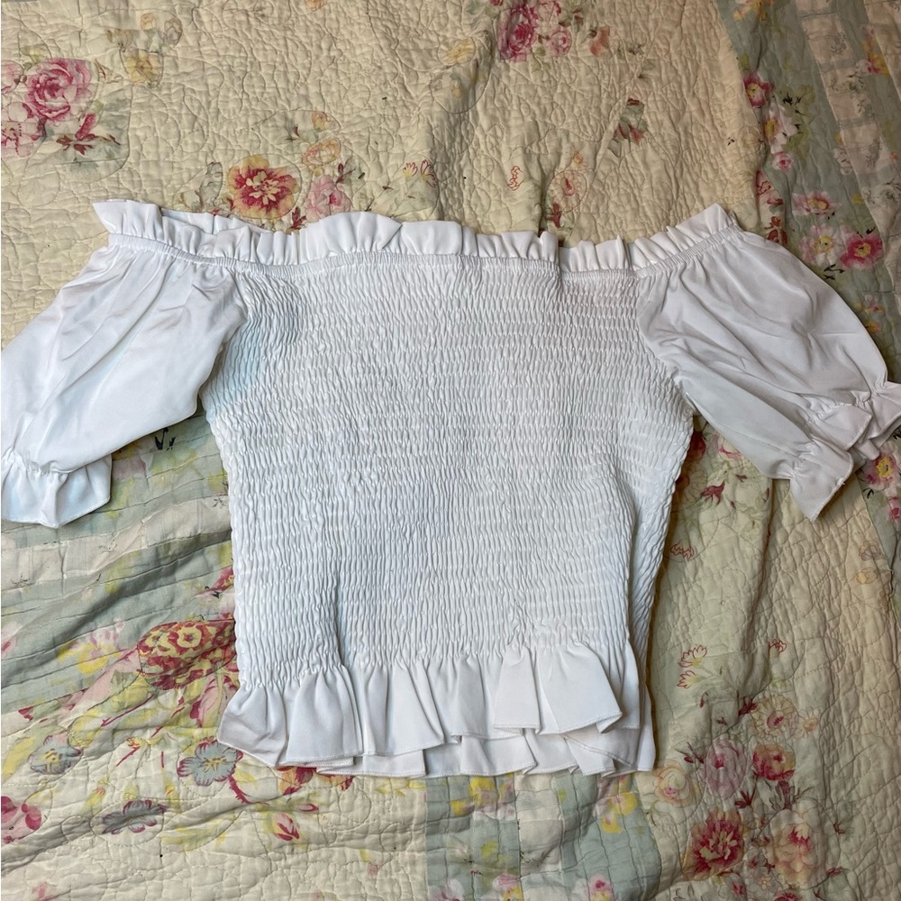 White Off-Shoulder Smocked Top